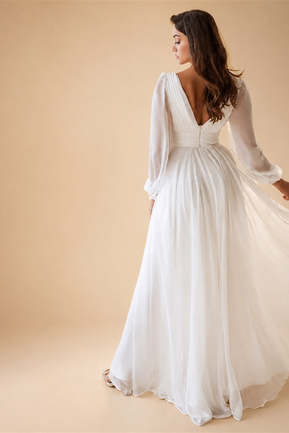 Plus Size Chiffon Wedding Dress With Long Sleeve V Neck And Open Back