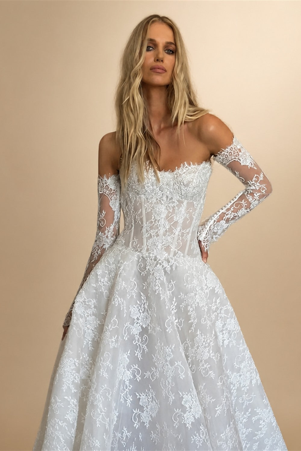 Regal White Off-the-Shoulder Long Sleeve Lace Ball Gown Wedding Dress ZP087