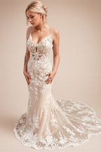 Custom Made Champagne Lace Mermaid Wedding Dress With Spaghetti Straps