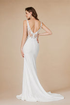 MisShow Elegant Straps White Mermaid Wedding Dresses Lace Pearls Backless V Neck Sleeveless Formal Party Gowns Vestido Marriee