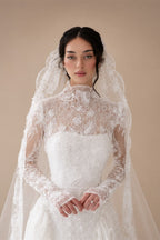 Classic Ivory Lace High Neck Long Sleeve A-Line Wedding Dress with Veil ZP107