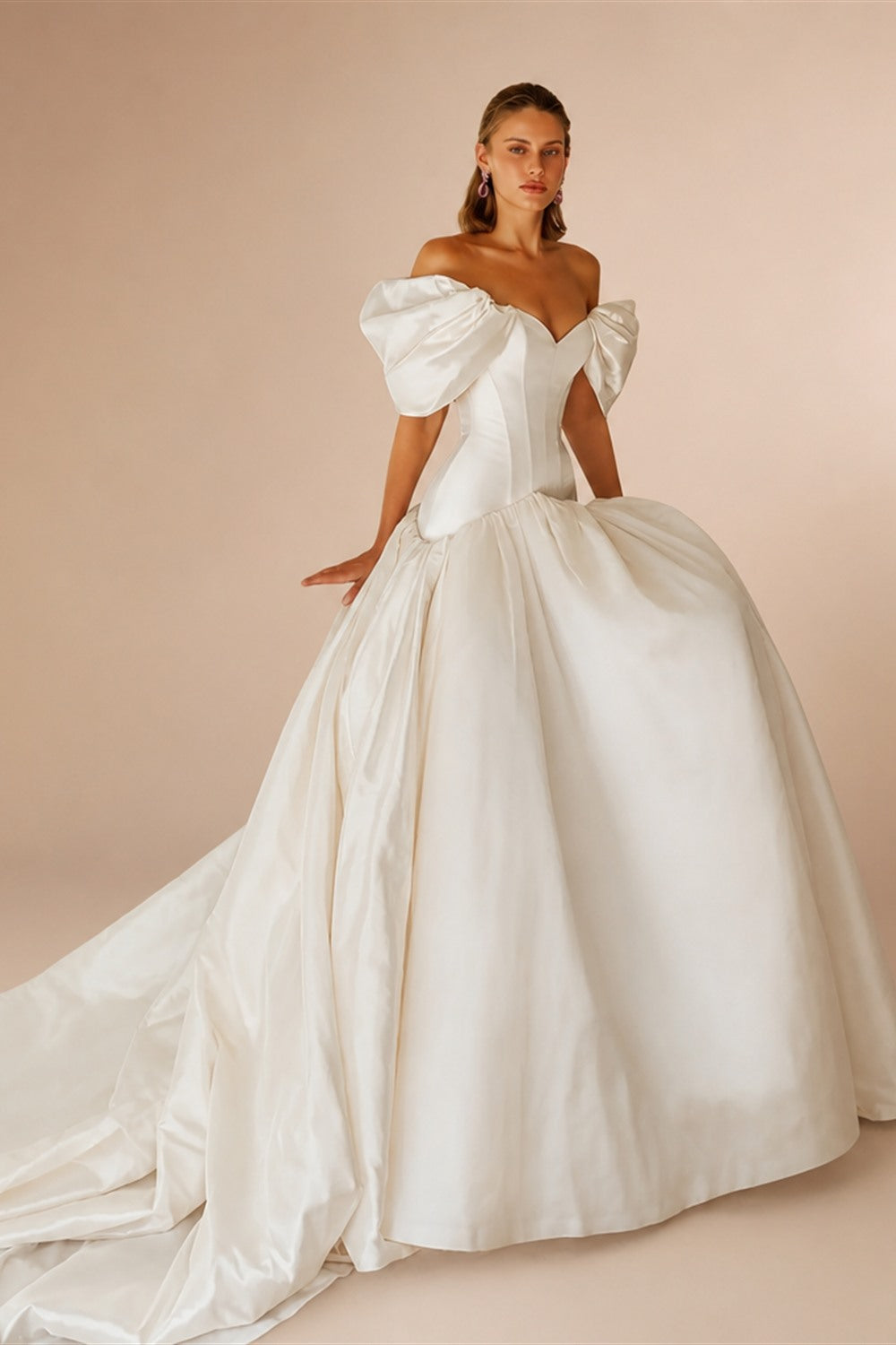 Romantic White Satin Off-the-Shoulder Puff Sleeve Ball Gown Wedding Dress ZP113