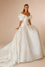 Romantic White Satin Off-the-Shoulder Puff Sleeve Ball Gown Wedding Dress ZP113