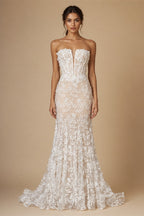 White Nude Lace Fairytale  Mermaid Wedding Dress 3D Floral  Train  ZP037