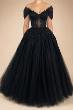 Black Luxury Gothic Wedding Dress  Sheer Corset 3D Floral Tulle  ZP027