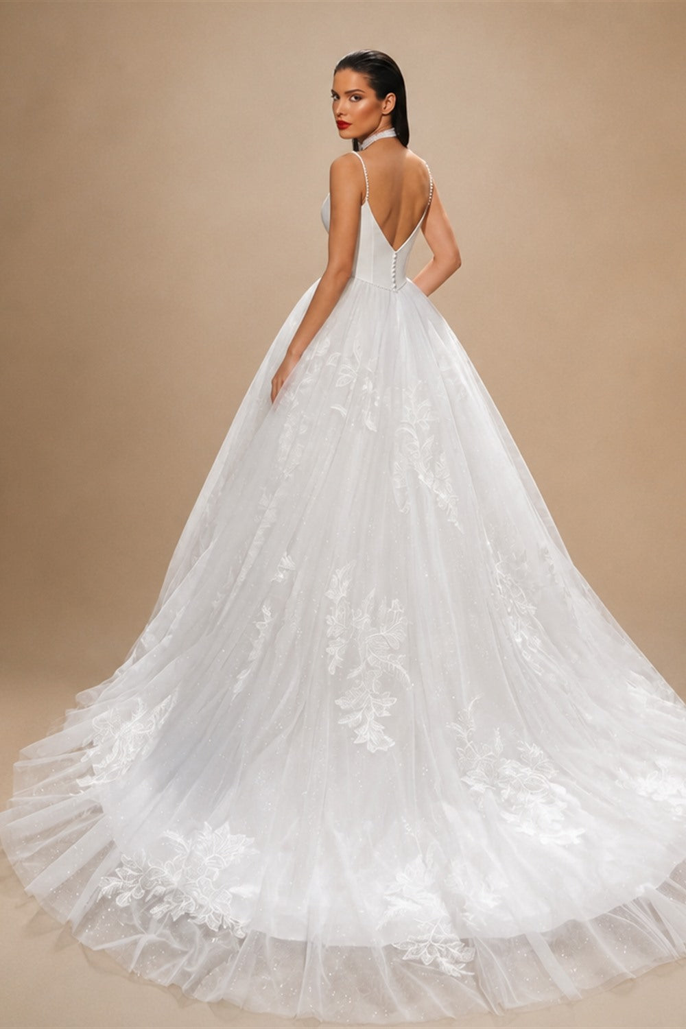 Elegant White Spaghetti Strap Satin Bodice Lace Tulle Wedding Dress with Train ZP065