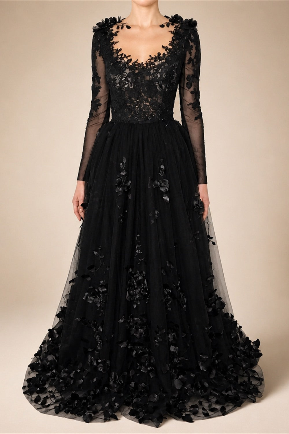 Black Luxury Gothic Wedding Dress 3D Floral Lace Tulle Sweep Train ZP026