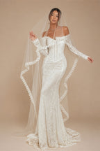 White Off the Shoulder Long Sleeve Lace Mermaid Wedding Dress