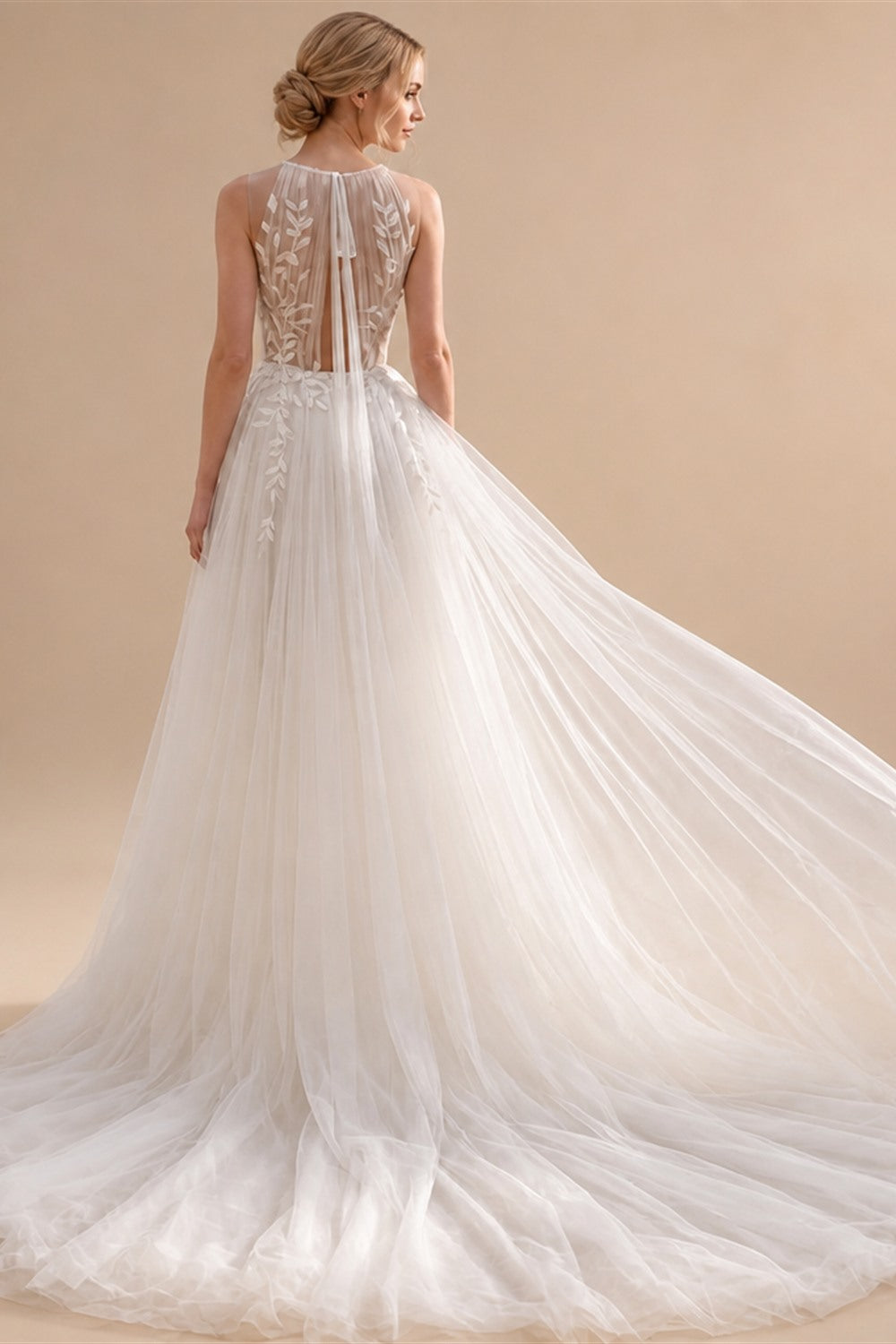 2027 Roycebridal Halter Neck Leaf Lace A Line Wedding Dress Keyhole Open Back Tied Soft Tulle Vestido De Novia Customized