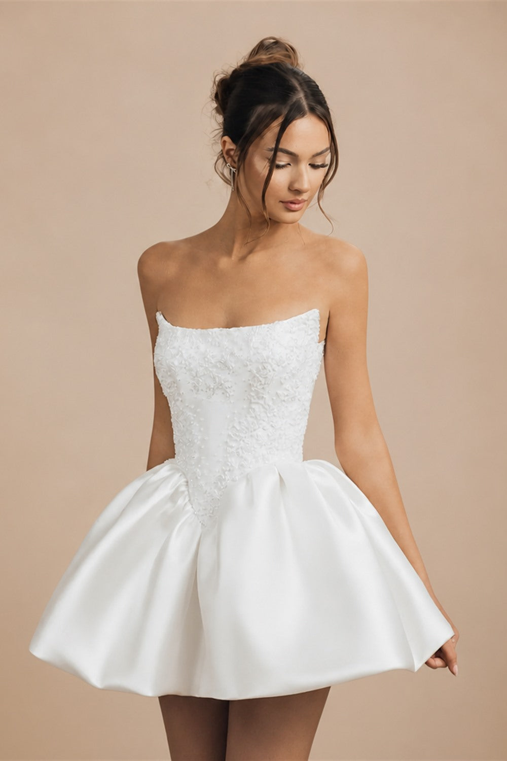 White Strapless Corset Bubble Hem Short Wedding Dress ZP004