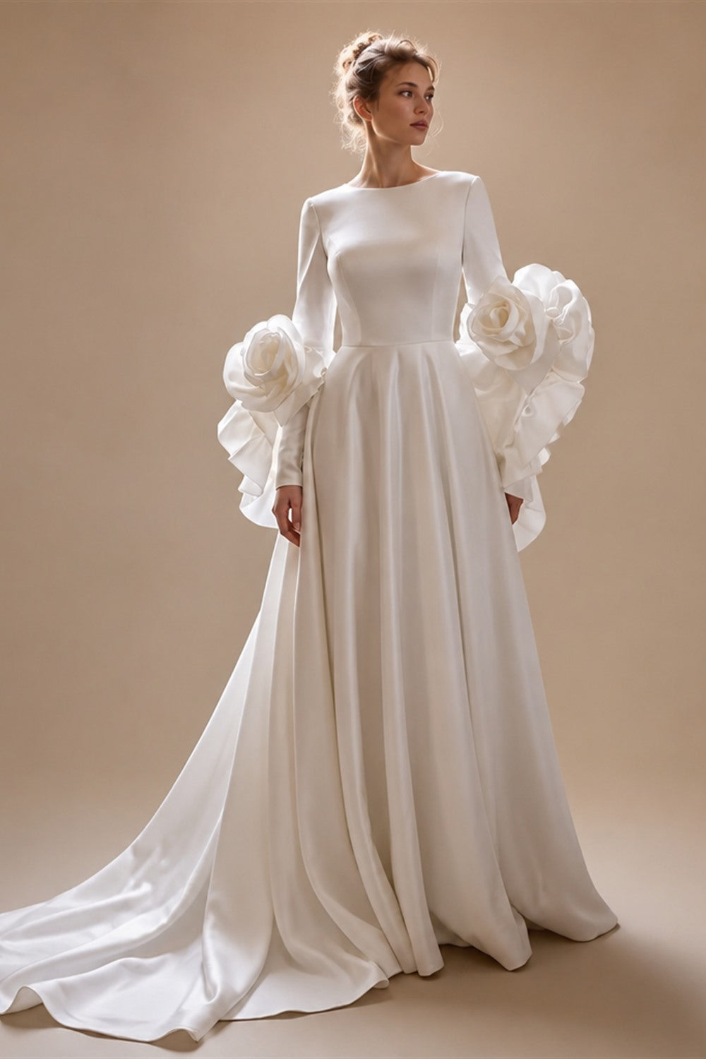 Ivory  Romantic A-Line Satin Wedding Dress 3D Rose Floral With Veil  ZP033