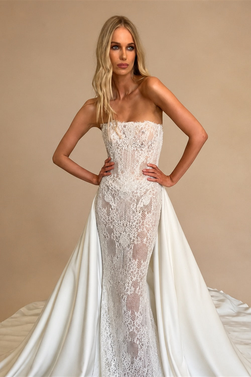 Luxury White Strapless Lace Mermaid Wedding Dress with Overskirt ZP086