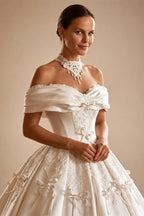 Off the Shoulder White Satin Ball Gown Flower Girl Dress with Long Cathedral Train ZP017