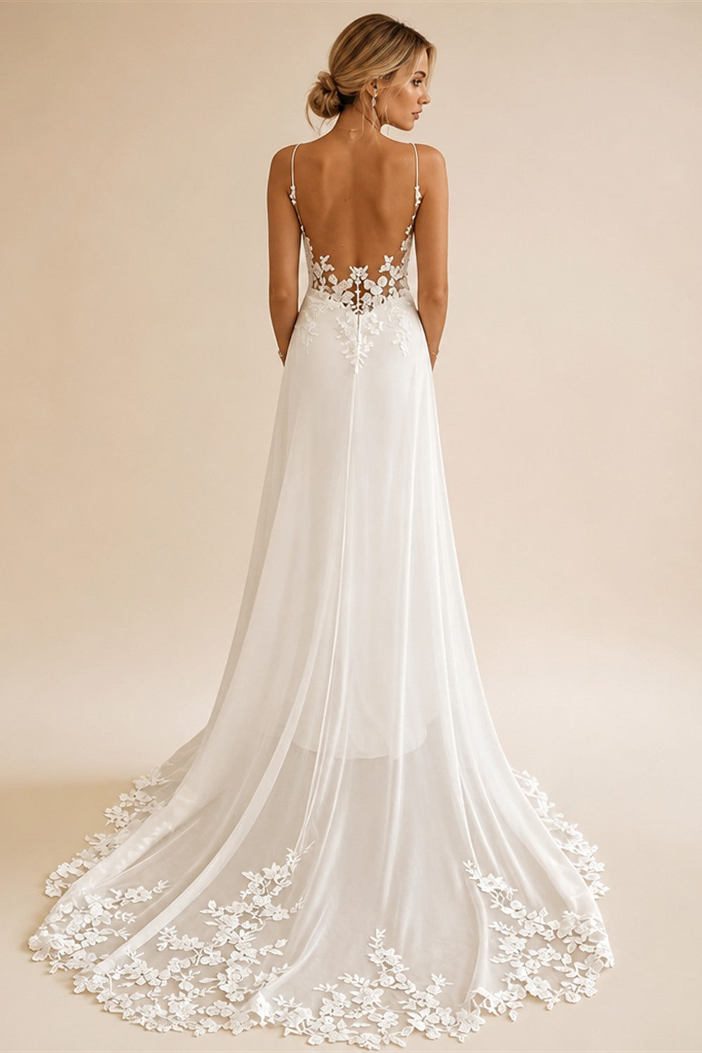 Women's Spaghetti Straps Deep V Backless Wedding Dresses Lace Appliques Chiffon Bridal Gown with Train Elegant Boho Bride Dress