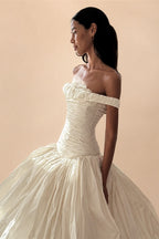Elegant Ivory Strapless Ruched Satin Ball Gown Wedding Dress ZP070