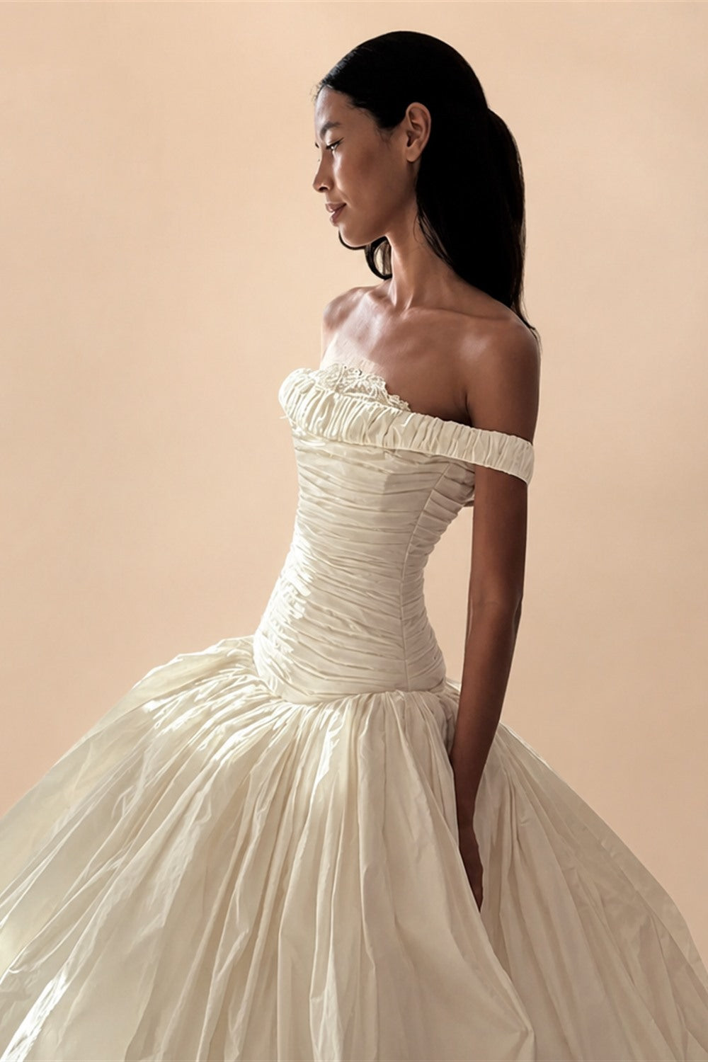 Elegant Ivory Strapless Ruched Satin Ball Gown Wedding Dress ZP070