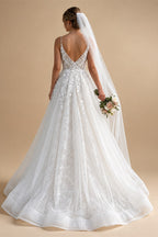 Spaghetti Strap V-Neck Lace Wedding Dress with Leaf Embroidery | ZapDress