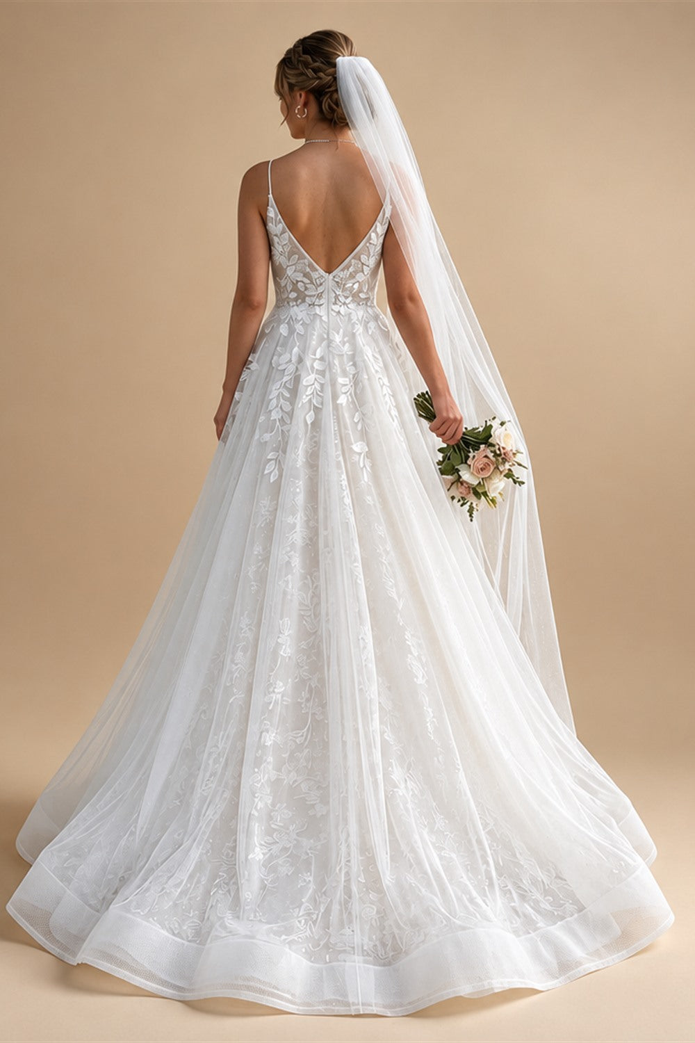 Spaghetti Strap V-Neck Lace Wedding Dress with Leaf Embroidery | ZapDress