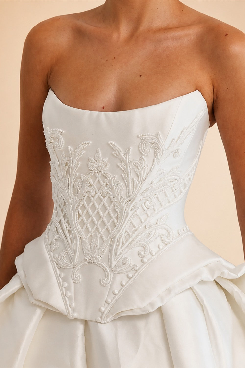 Luxury White Satin Strapless Beaded Ball Gown Train Wedding Dress ZP152