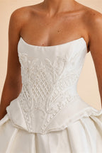 Luxury White Satin Strapless Beaded Ball Gown Train Wedding Dress ZP152