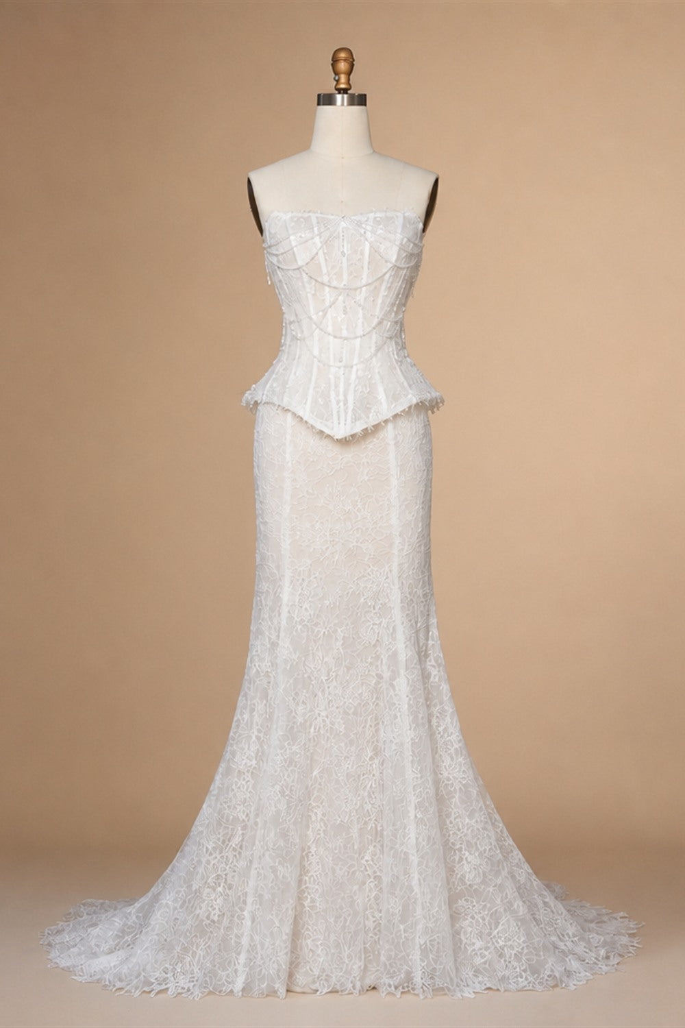 White Nude  Mermaid Wedding Dress Beaded Chain Detailing With Lace Train  ZP039