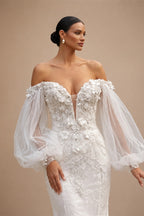 White  Off‑The‑Shoulder Puff Sleeve 3D Floral Mermaid Wedding Dress ZP005