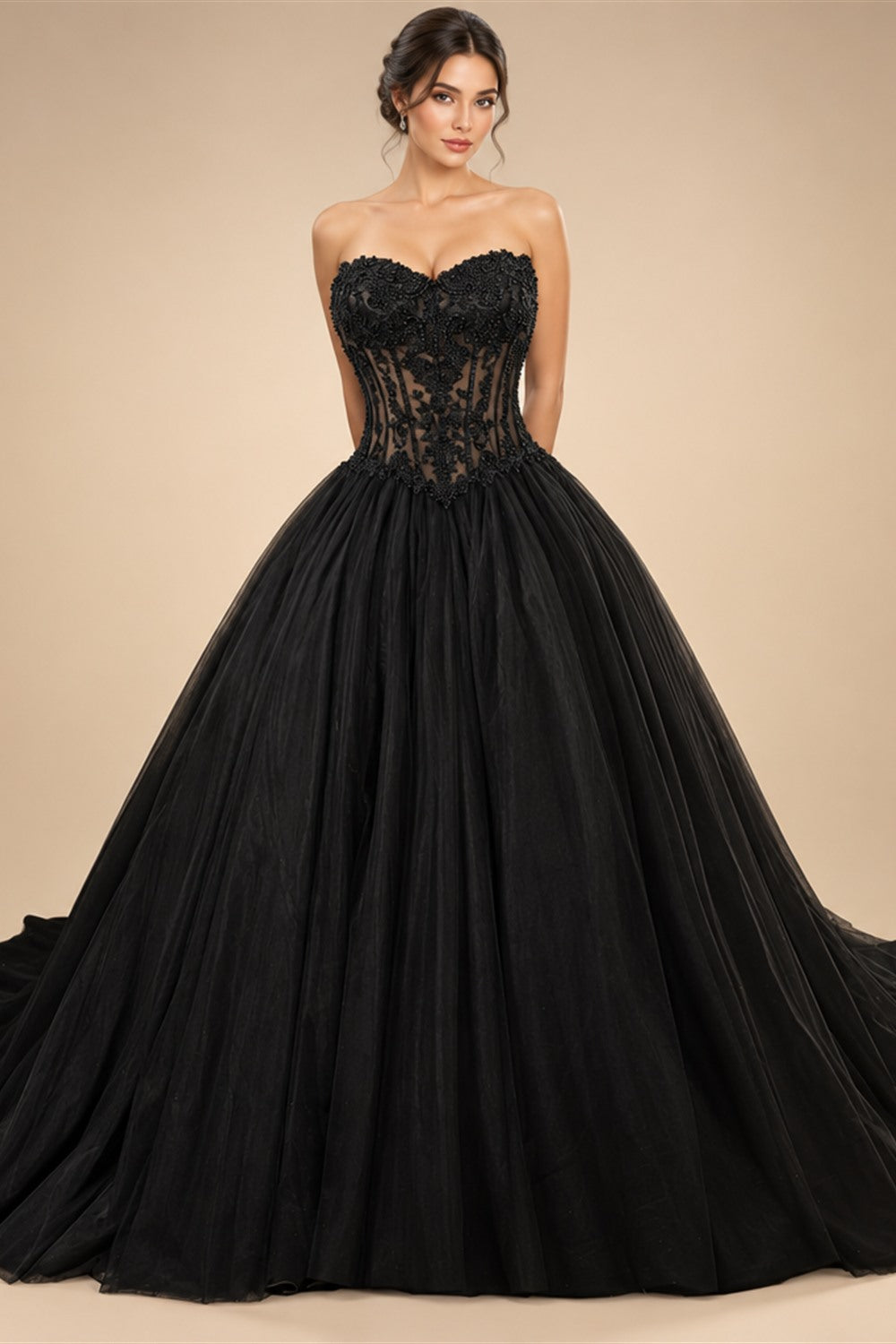 Black Lace Heavy Gothic Beading Wedding Dress Ballgown Corset Closure  ZP202