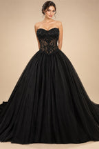 Black Lace Heavy Gothic Beading Wedding Dress Ballgown Corset Closure  ZP202