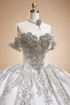 Ivory Luxury Satin Ball Gown with Silver Embroidery Wedding Dress ZP166