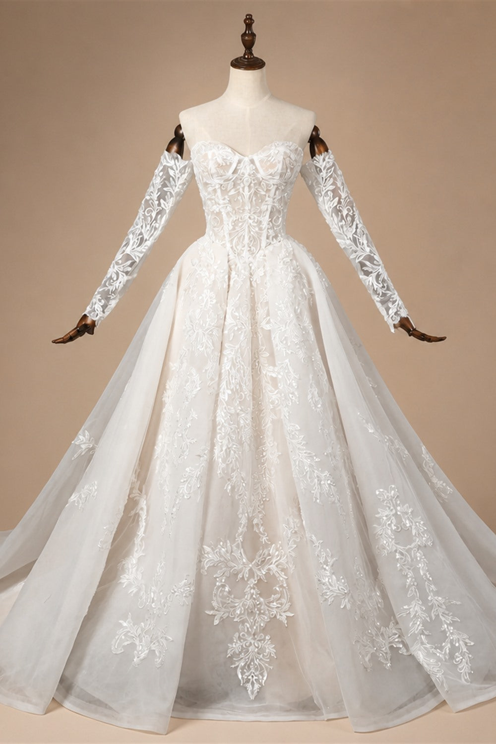 Elegant Ivory Strapless Corset Lace Tulle Bridal Gown Wedding Dress with Long Detachable Sleeves ZP067