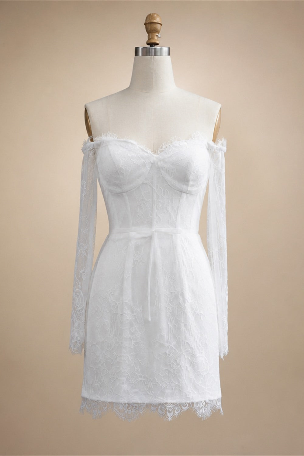 Luxury Ivory Off-the-Shoulder Long Sleeve Lace Mini Wedding Dress ZP134