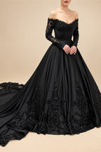 Black Luxury Gothic Wedding Dress Heavy Beading Lace Ball Gown ZP198