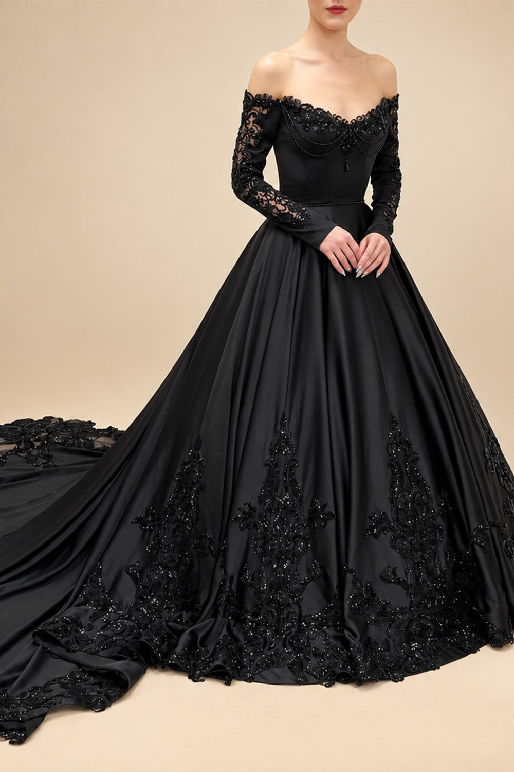 Black Luxury Gothic Wedding Dress Heavy Beading Lace Ball Gown ZP198