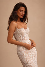 Sophisticated Ivory High Cold Shoulder Beaded Lace Fitted Wedding Dress ZP129