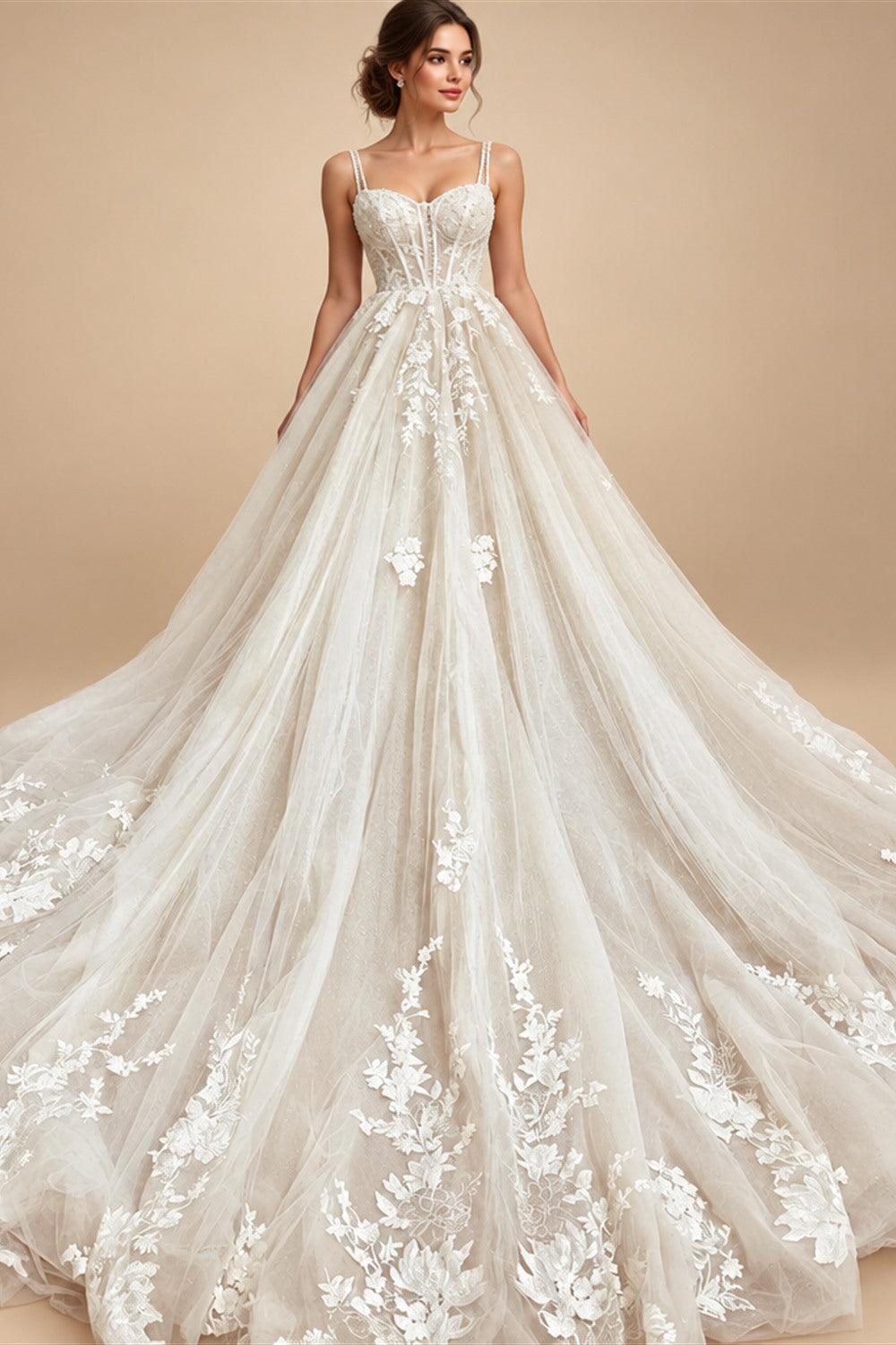 Princess Lace Wedding Dress Bridal Robe 2024 Vestido Spaghetti Straps Chapel Train Champagne Tulle Wedding Gown (ZD02147)