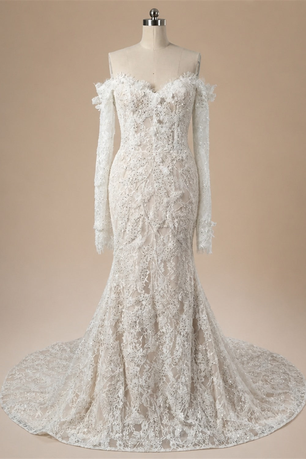 Bohemian Ivory Off-the-Shoulder Sheer Lace Mermaid Wedding Dress with Veil ZP128