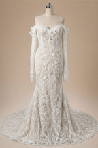 Bohemian Ivory Off-the-Shoulder Sheer Lace Mermaid Wedding Dress with Veil ZP128