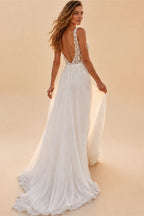 Elegant Deep V Lace Boho Wedding Dress Chiffon A Line Bridal Gowns High Split Low Back Wedding Gowns Vestido De Novia Customized