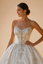 White Satin Strapless Ball Gown Wedding Dress with Luxurious Beaded Lace and Cathedral Train ZP016