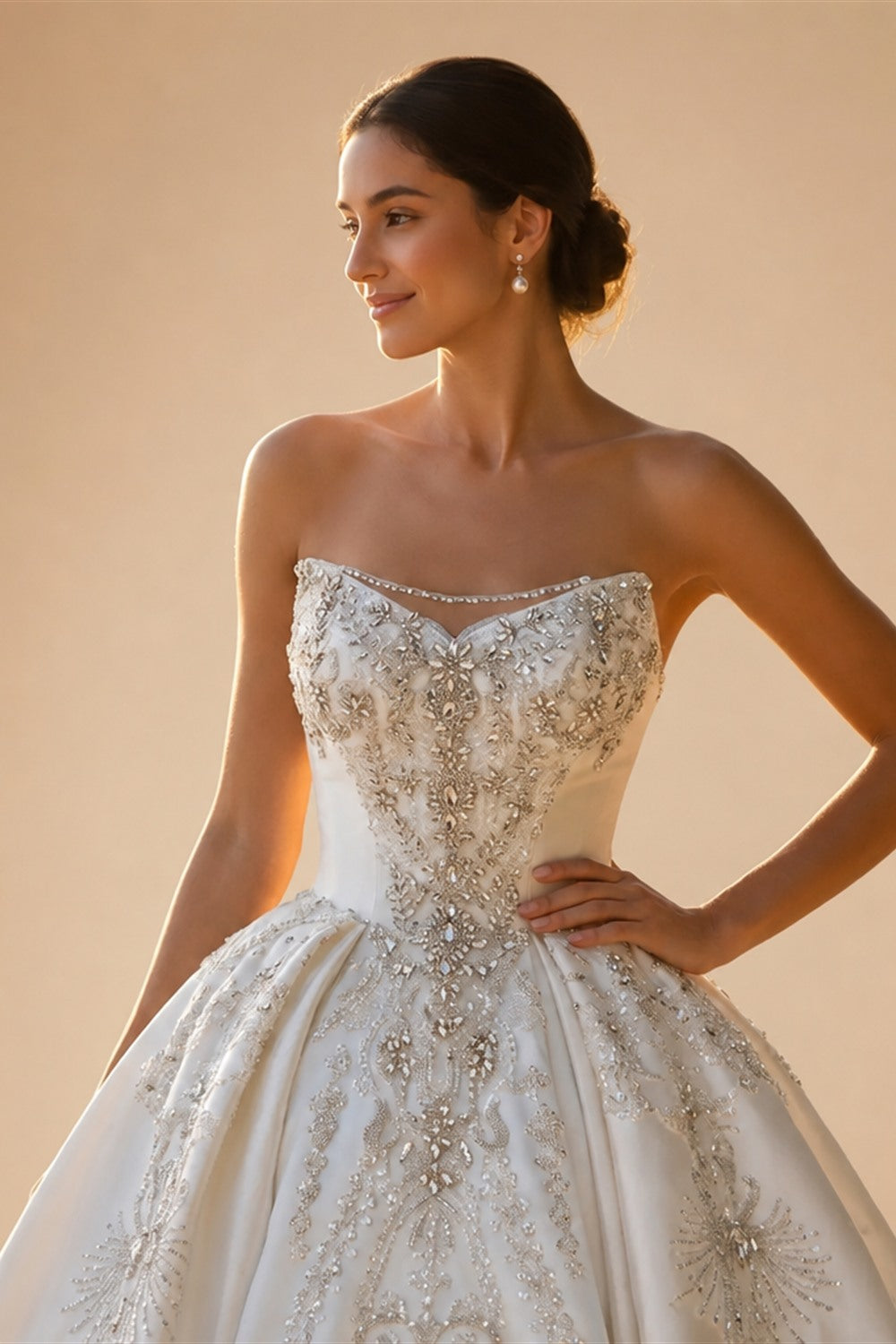 White Satin Strapless Ball Gown Wedding Dress with Luxurious Beaded Lace and Cathedral Train ZP016