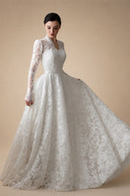 Elegant Printed Lace High Neck Wedding Dress with Train ZP171