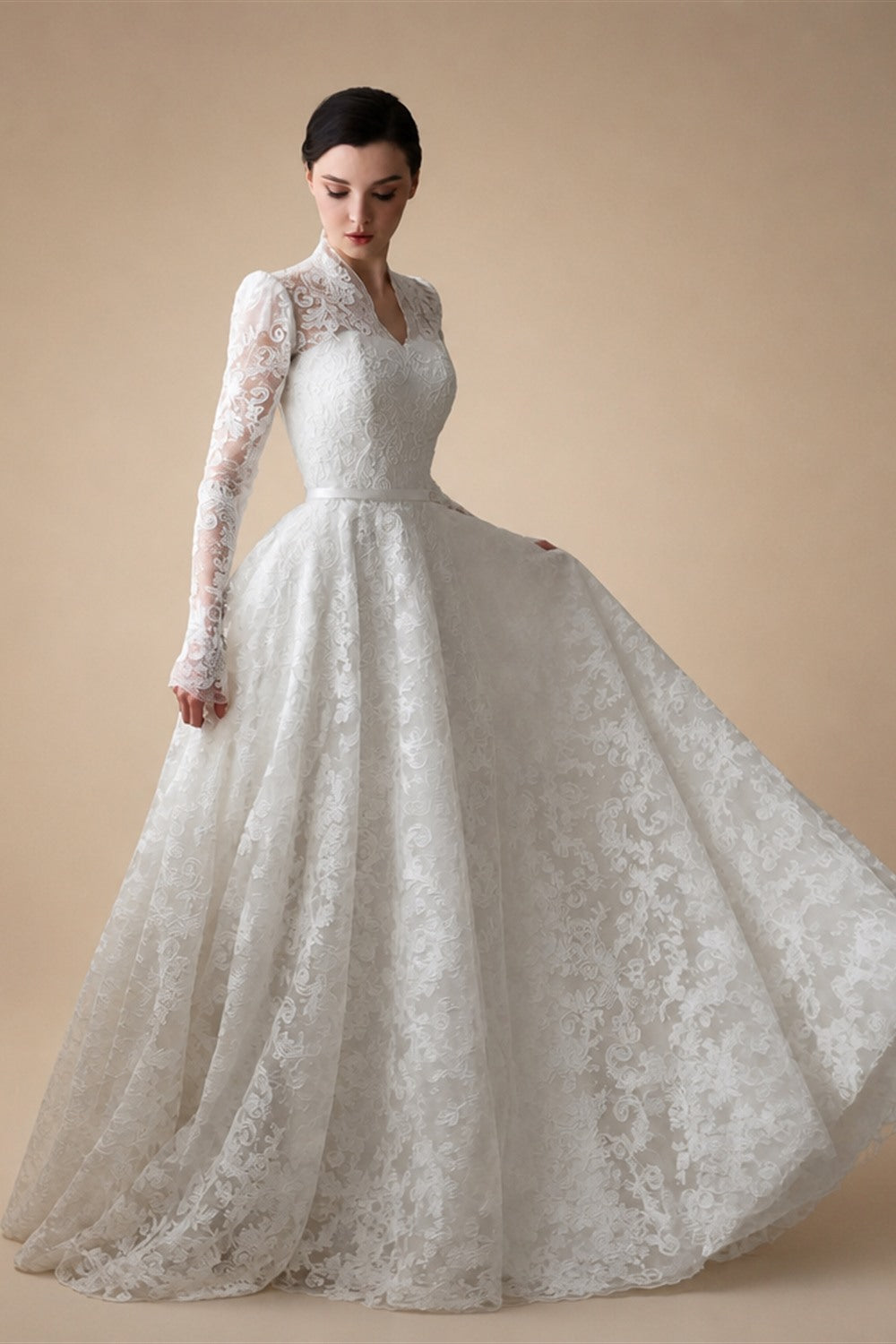Elegant Printed Lace High Neck Wedding Dress with Train ZP171