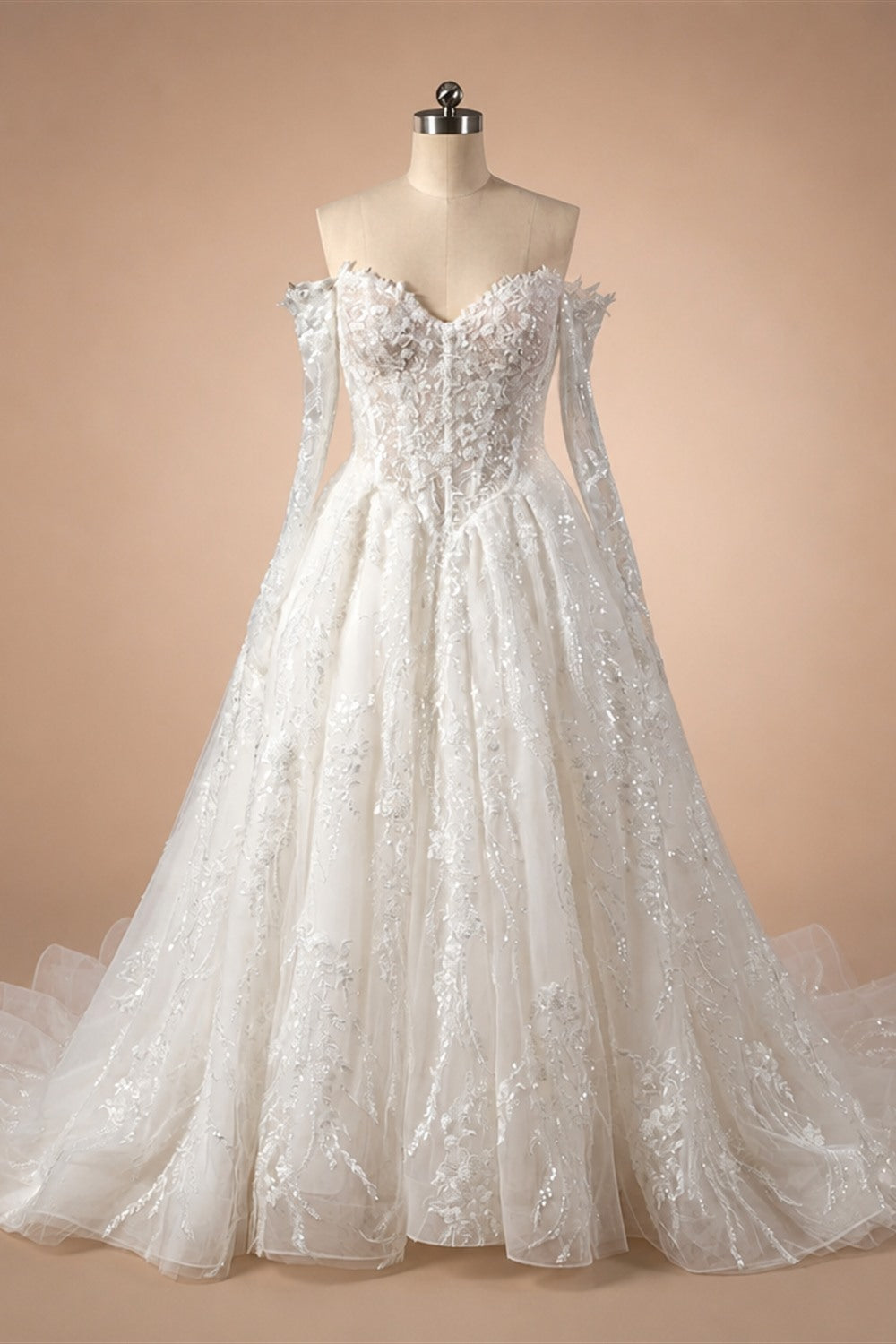 Luxury White Off-the-Shoulder Long Sleeve Lace Tulle Ball Gown Wedding Dress ZP068