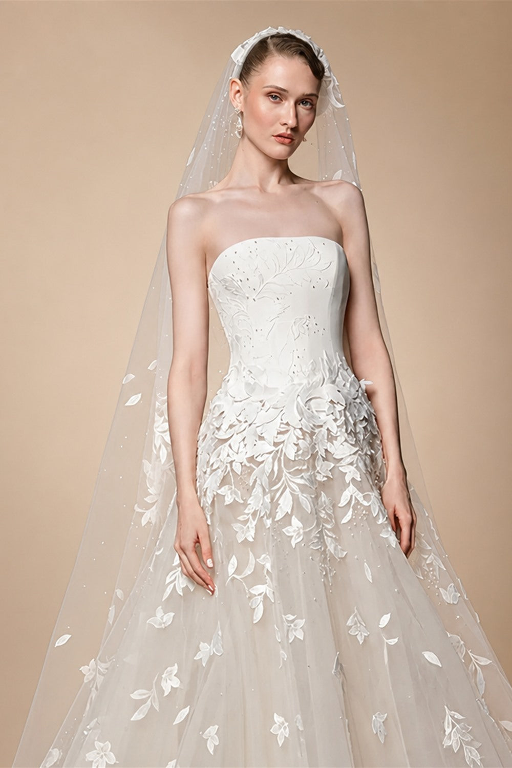 Dreamy Ivory Strapless Floral Lace Mermaid Train Wedding Dress with Veil ZP083