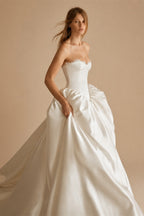 Minimalist Strapless Lace Trim Corset Satin Ball Gown Wedding Dress ZP043