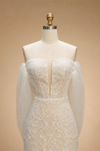 White Nude Lace Mermaid Wedding Dress Luxury Beaded Sequins   Tulle Gloves ZP032