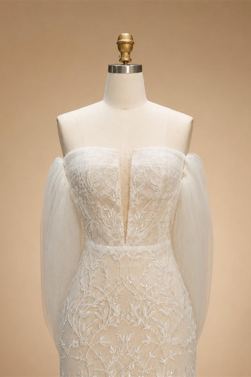 White Nude Lace Mermaid Wedding Dress Luxury Beaded Sequins   Tulle Gloves ZP032