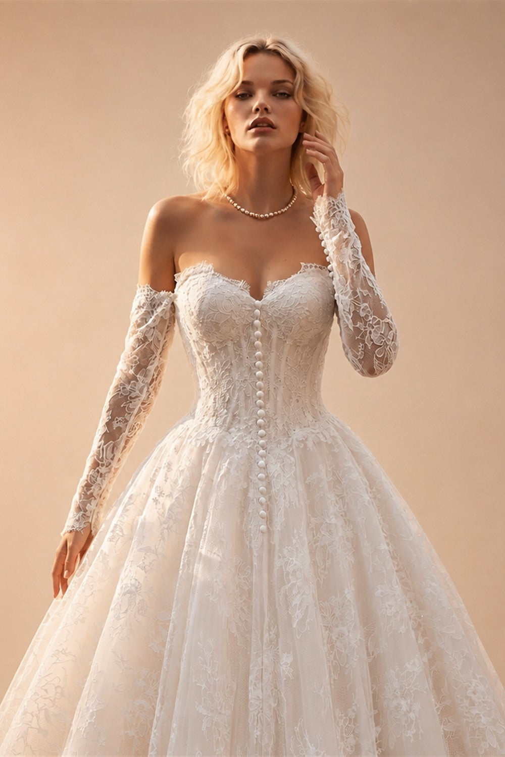 White Floral Lace Ball Gown Wedding Dress with Sweetheart Neckline and Detachable Long Sleeves ZP015