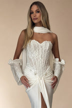 Modern White Strapless Satin High Slit Mermaid Wedding Dress with Scarf ZP093