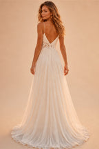 Elegant Deep V Spaghetti Strap Boho Wedding Dress Cutout Chiffon A Line Bridal Gowns Lace Wedding Gowns Beach Customized